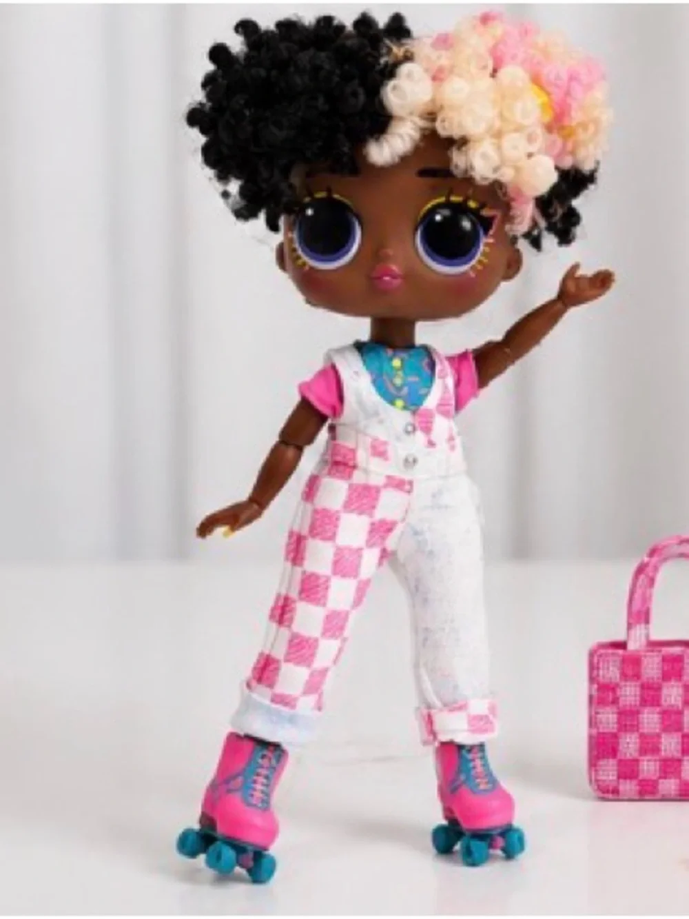 Kids Fashion Doll with Pink Checkered Overalls and Roller Skates